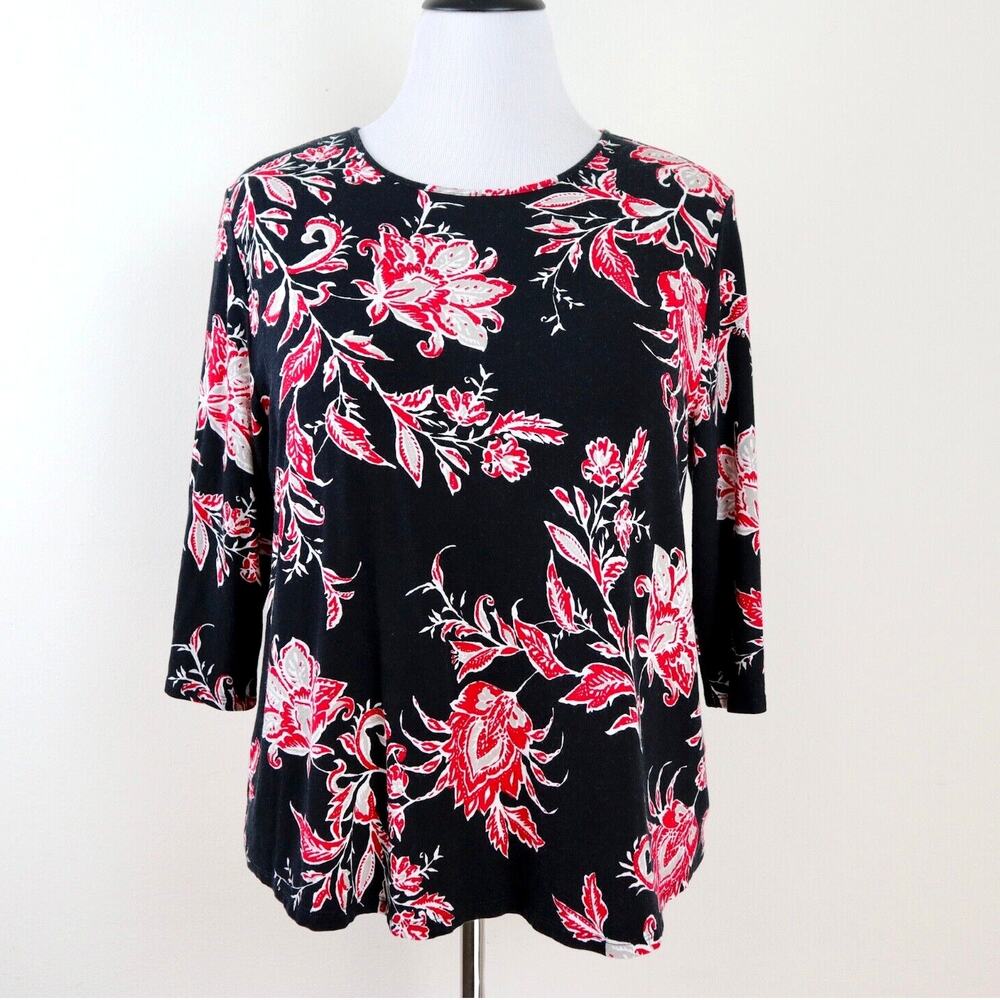 J Jill Size L Wearever Collection Jersey Knit Tee Floral Black Red - Picture 2 of 8